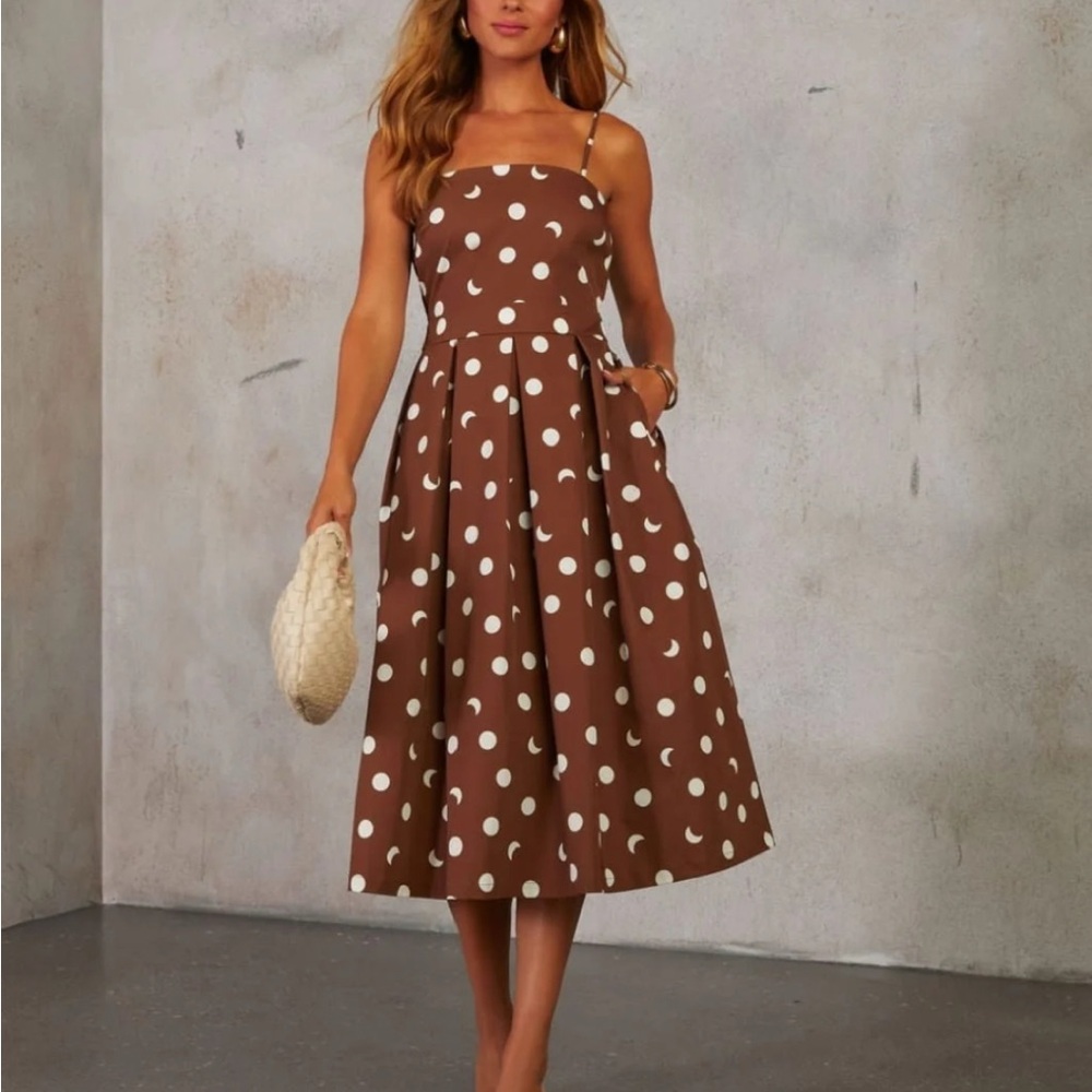 Brown and White polka Dot Square Neck Sleeveless Midi Dress
